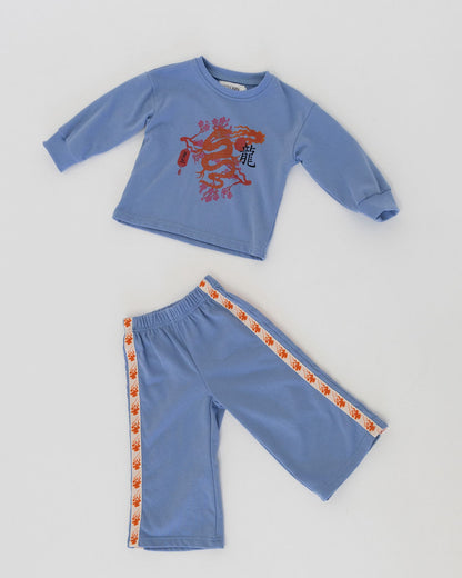 Blue sweatshirt and pants, Japanese pattern and prints, pant taping, oversized