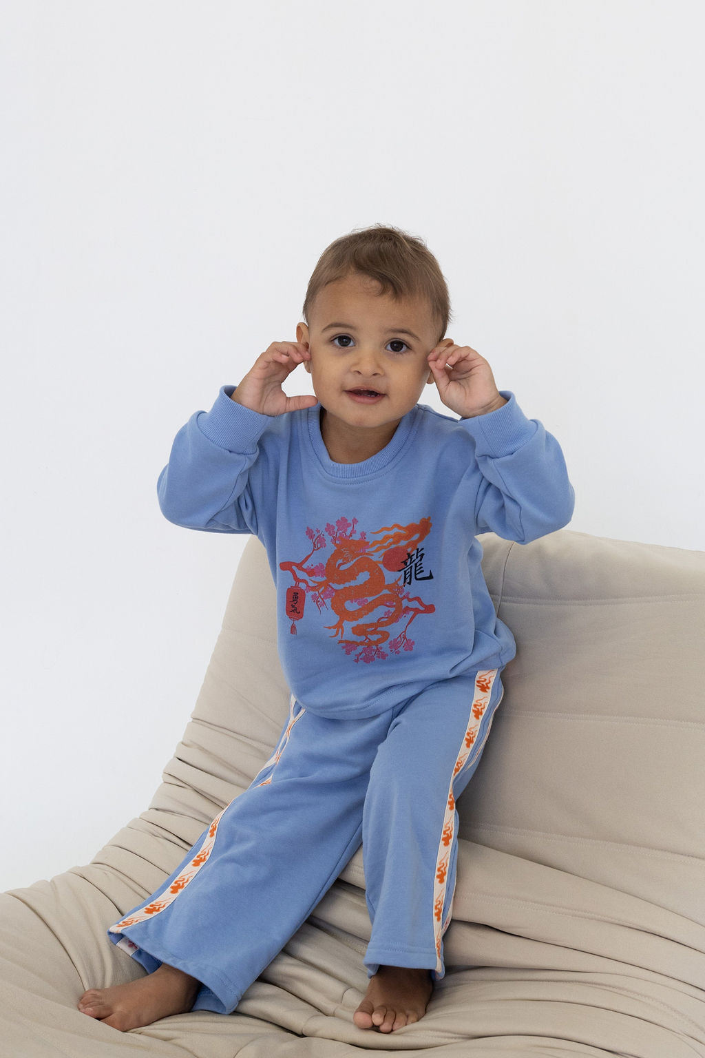 Blue sweatshirt and pants, oversized, Japanese Ryū dragon pattern, Japanese prints