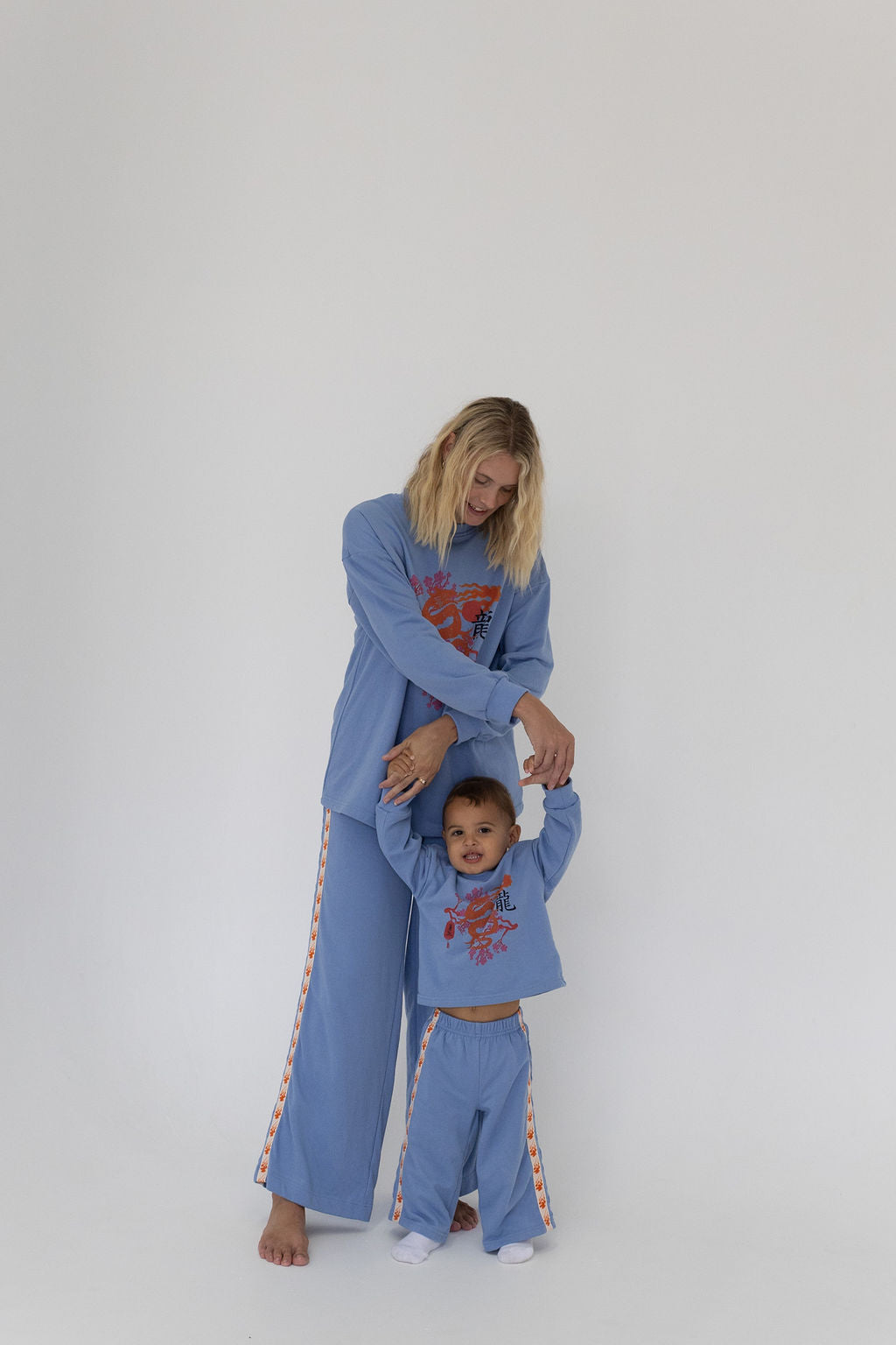 Blue sweatshirt and pants, Japanese designs and patterns, Webbing, Matching mama set