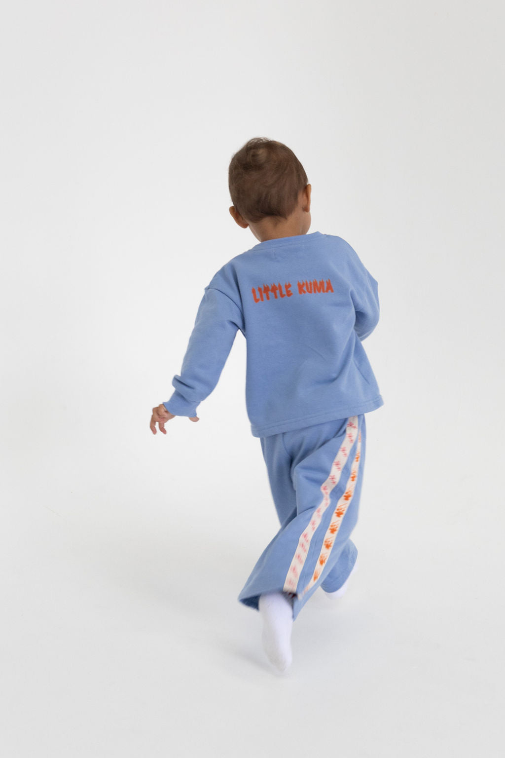 Little Kuma logo, Blue sweatshirt and pants, Japanese patterns and designs, Webbing