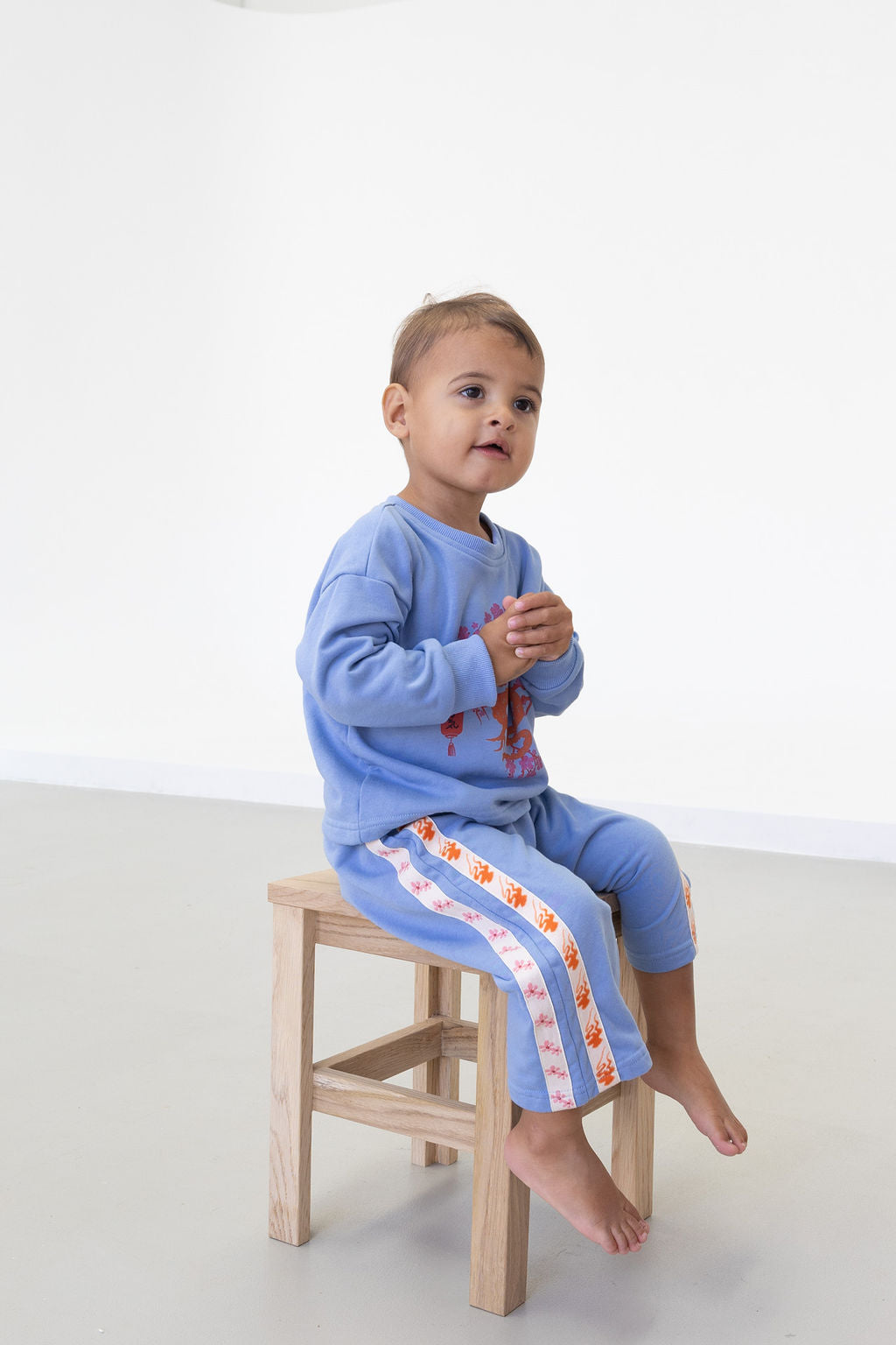 Blue sweatshirt and pants, Japanese patterns and prints, webbing design, oversized
