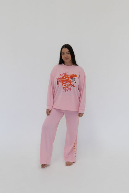 Womens sweatpants, relaxed fit, Japanese patterns, pink, Mama and mini matching