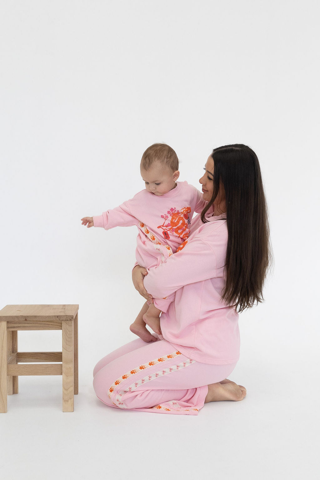 Womens sweatpants, relaxed fit, Japanese patterns, pink, Mama and mini matching